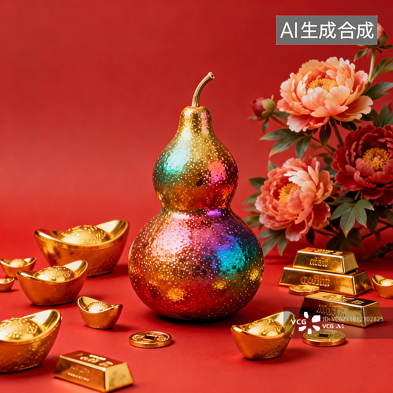 【AI数字艺术】红色背景下吉祥葫芦与牡丹金元宝图片素材