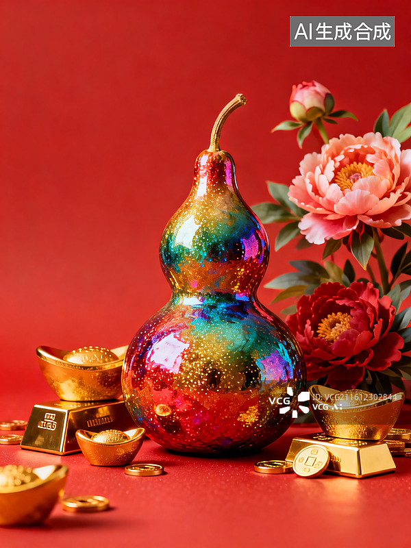 【AI数字艺术】红色背景下吉祥葫芦与牡丹金元宝图片素材