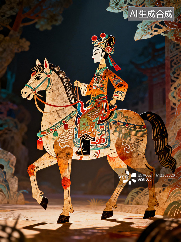 【AI数字艺术】中国传统皮影戏人物穆桂英骑马图片素材