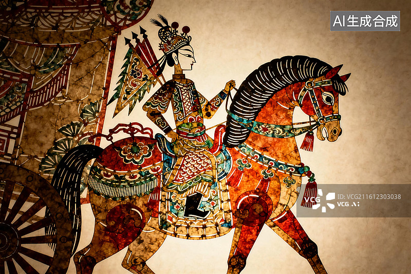 【AI数字艺术】中国传统皮影戏人物穆桂英骑马图片素材