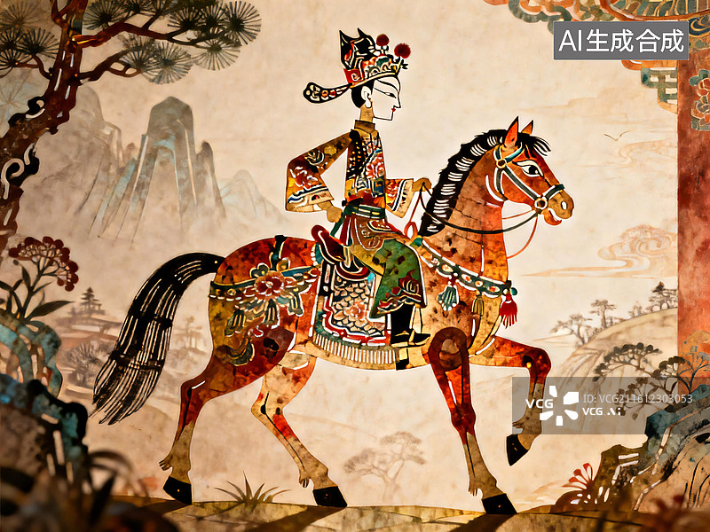 【AI数字艺术】中国传统皮影戏人物穆桂英骑马图片素材