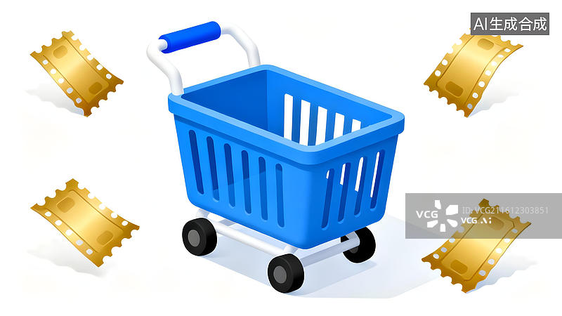 【AI数字艺术】蓝色购物车与金色票券图片素材