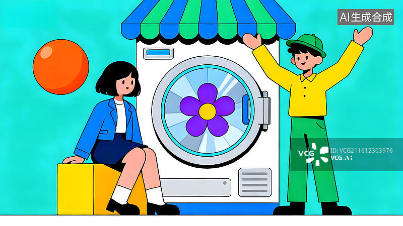 【AI数字艺术】人物在洗衣机前互动图片素材