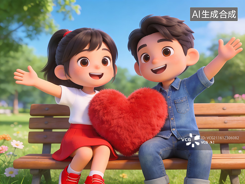 【AI数字艺术】两个孩子在公园长椅上分享爱心图片素材