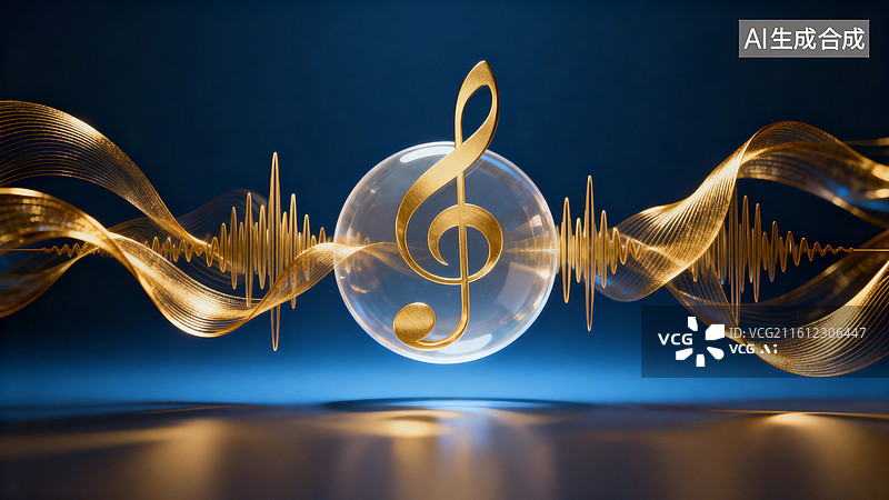 【AI数字艺术】金色音符与声波交织的音乐艺术图片素材