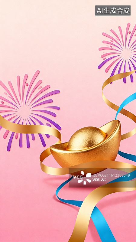 【AI数字艺术】金色元宝烟花飘带新年主题图片素材