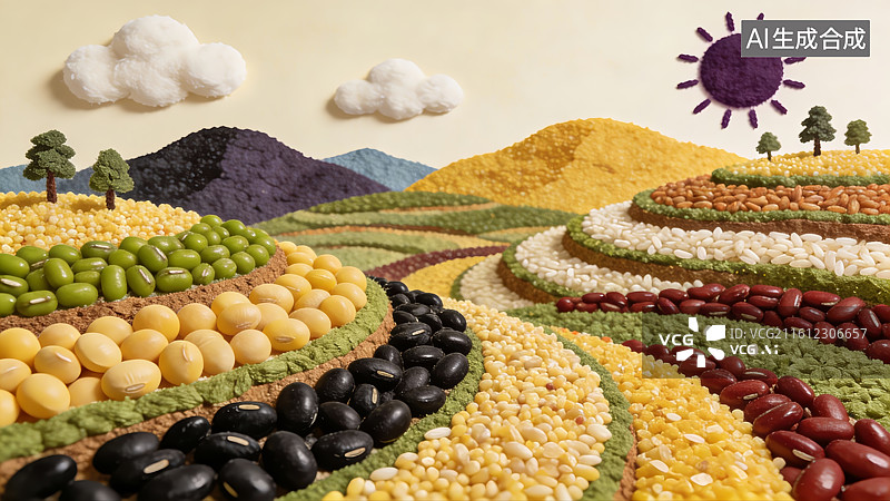 【AI数字艺术】豆类谷物构成的田园景观图片素材