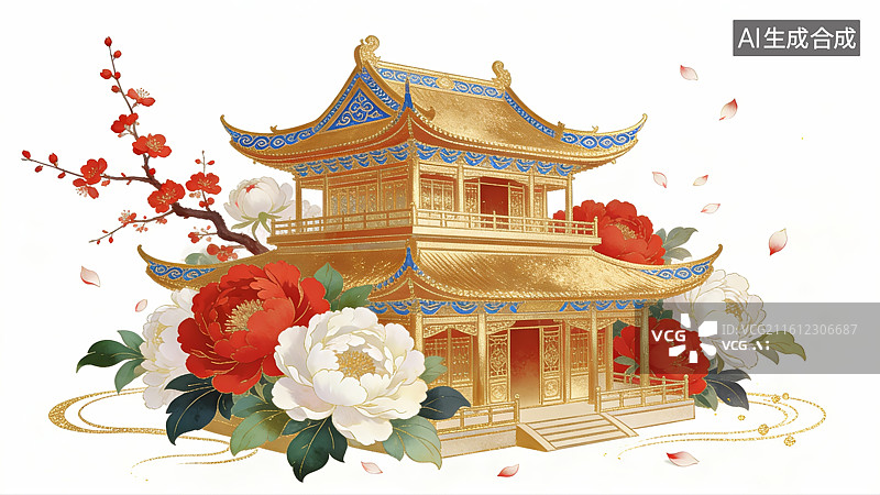 【AI数字艺术】金色古建筑与花卉装饰图片素材