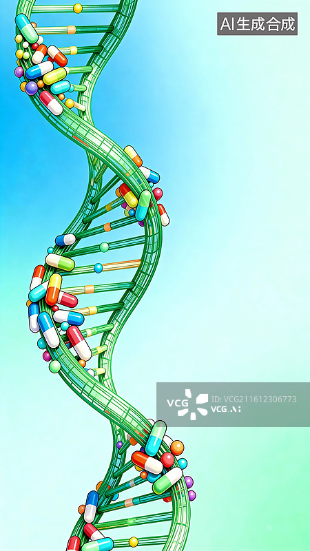 【AI数字艺术】DNA双螺旋与彩色药丸结合图图片素材