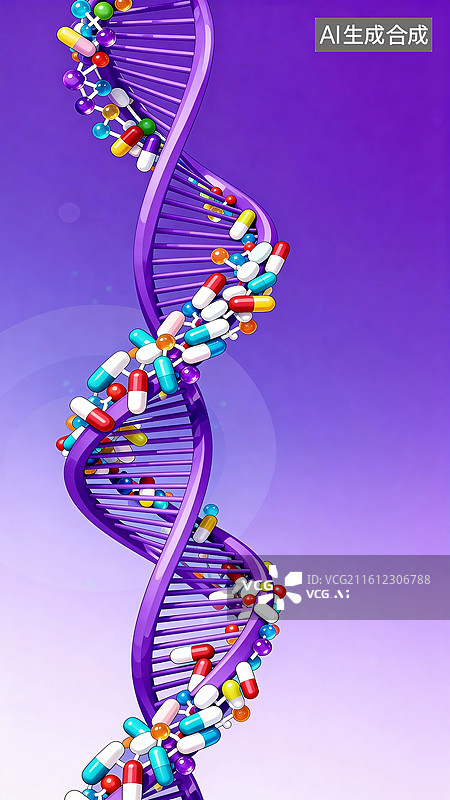 【AI数字艺术】紫色背景下的DNA双螺旋与药丸图片素材