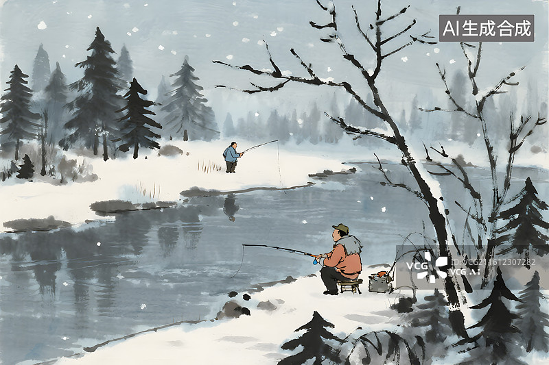 【AI数字艺术】冬日寒江独钓图图片素材