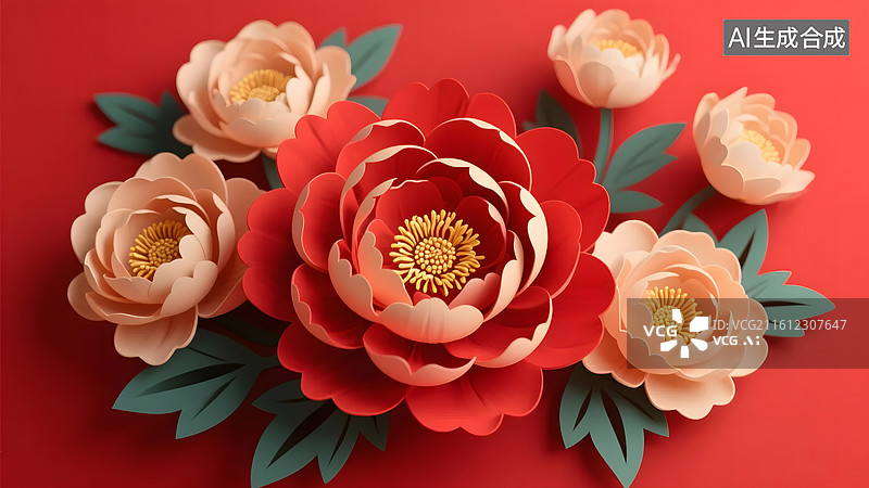 【AI数字艺术】牡丹立体剪纸节日贺卡图片素材