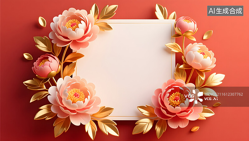 【AI数字艺术】盛开牡丹环绕的节日贺卡背景图片素材