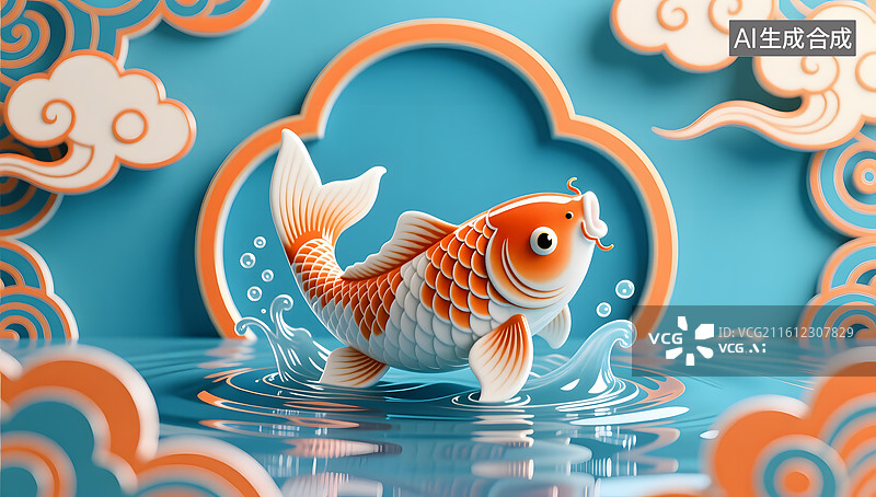 【AI数字艺术】国潮风锦鲤戏水寓意年年有余图片素材