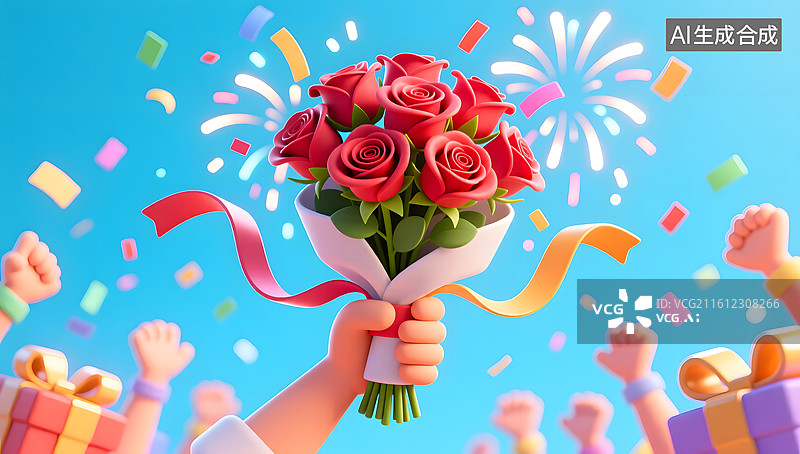 【AI数字艺术】节日庆典中高举玫瑰花束的欢乐瞬间图片素材