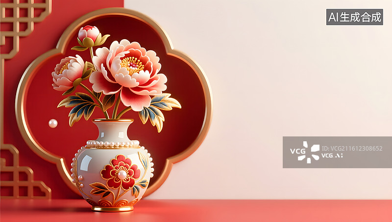 【AI数字艺术】元旦陶瓷花瓶牡丹点缀艺术氛围图片素材