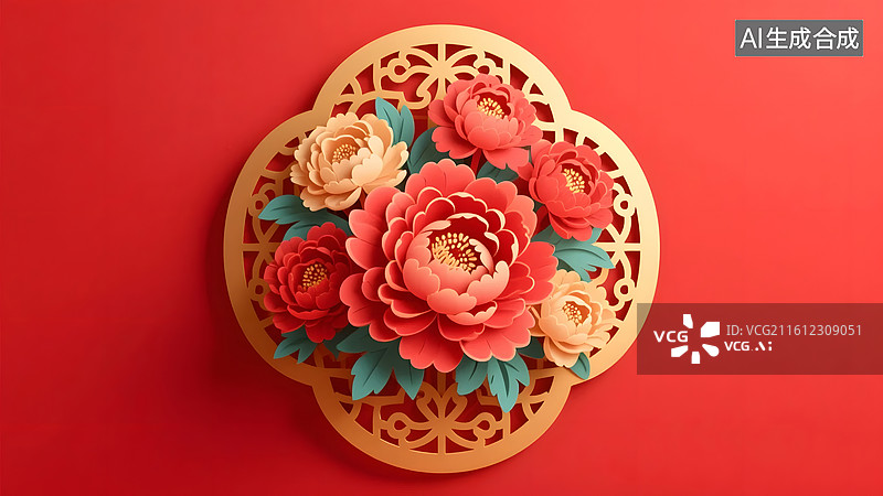 【AI数字艺术】节日牡丹剪纸风格装饰背景图片素材