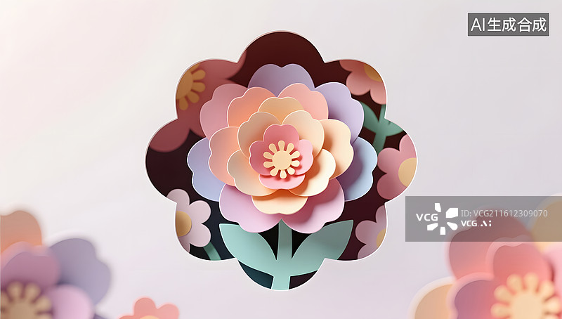 【AI数字艺术】层叠花朵剪纸营造的童话背景图片素材