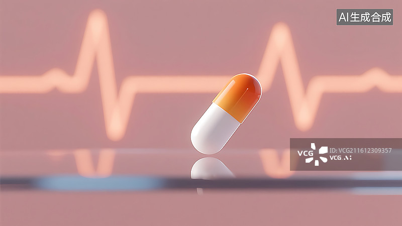 【AI数字艺术】药丸胶囊和抽象心电图医疗背景图片素材