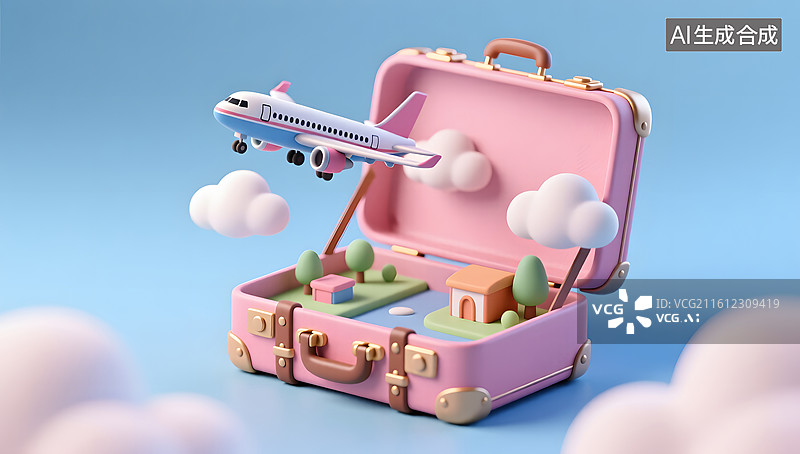 【AI数字艺术】旅行箱里的微缩世界自由飞翔图片素材