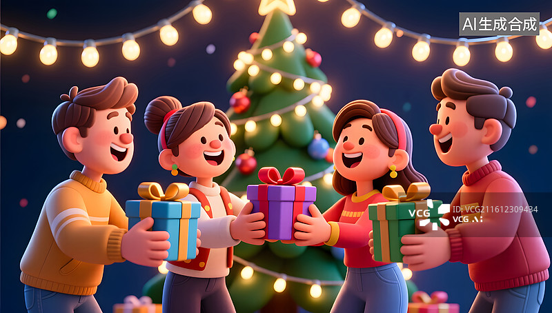 【AI数字艺术】朋友互换礼物圣诞树下欢声笑语图片素材