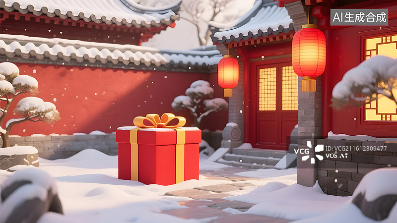 【AI数字艺术】新年庭院礼盒营造温馨年味图片素材