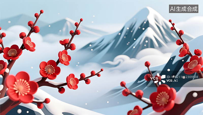 【AI数字艺术】寒冬腊月红梅映雪山美景图片素材