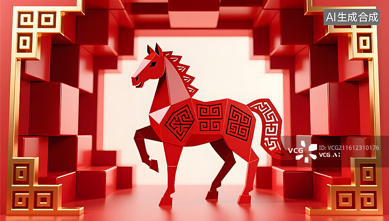 【AI数字艺术】马年剪纸几何生肖马艺术展示图片素材