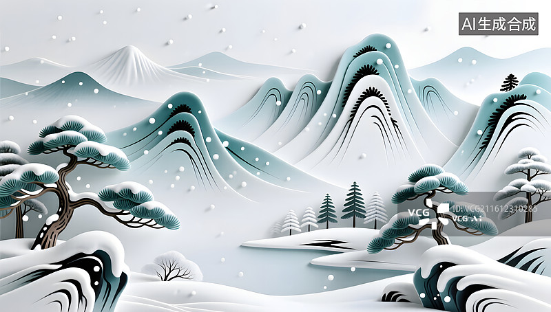 【AI数字艺术】工笔山水重构的冬季群山图片素材