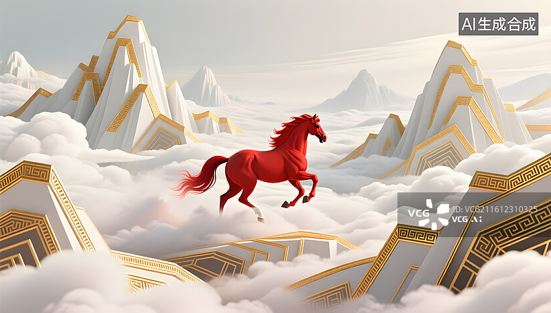 【AI数字艺术】红色骏马驰骋云海的史诗画面图片素材