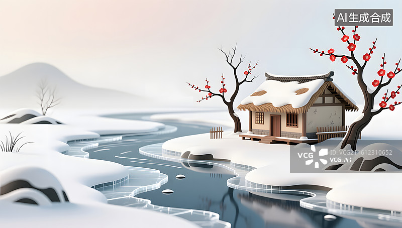 【AI数字艺术】小寒节气下的东方山水意境图片素材