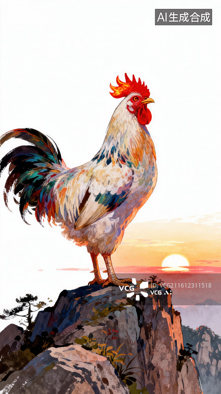 【AI数字艺术】公鸡立于山巅迎日出图片素材