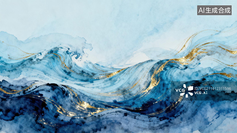 【AI数字艺术】蓝色波浪抽象艺术画图片素材