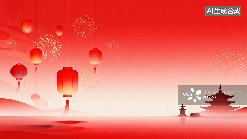 【AI数字艺术】红色背景下的灯笼与烟花图片素材