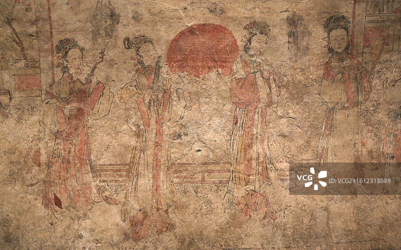 明代 墓主夫妇家居生活壁画 奏乐图 宴饮图 仕女图图片素材