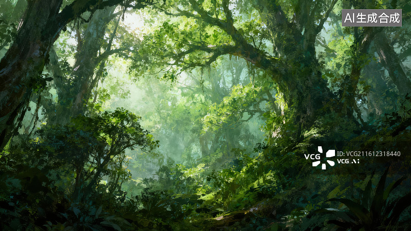【AI数字艺术】阳光穿透茂密森林图片素材