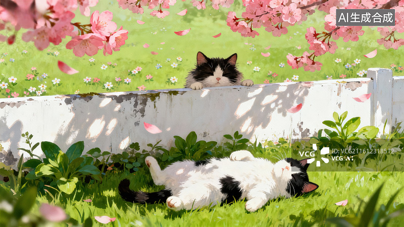【AI数字艺术】两只猫在樱花树下的草地图片素材