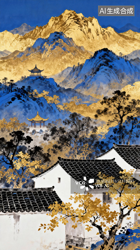 【AI数字艺术】山水庭院秋景图图片素材