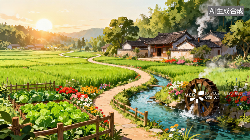 【AI数字艺术】田园风光与水车小屋图片素材