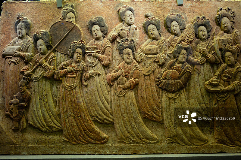 中国河北省河北博物院高清图片，镇馆之宝白石彩绘散乐图浮雕图片素材