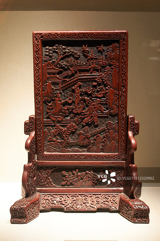 清代剔红庭院人物座屏，华夏漆器博物馆，沈阳城市旅游景点，文物古玩收藏艺术图片素材