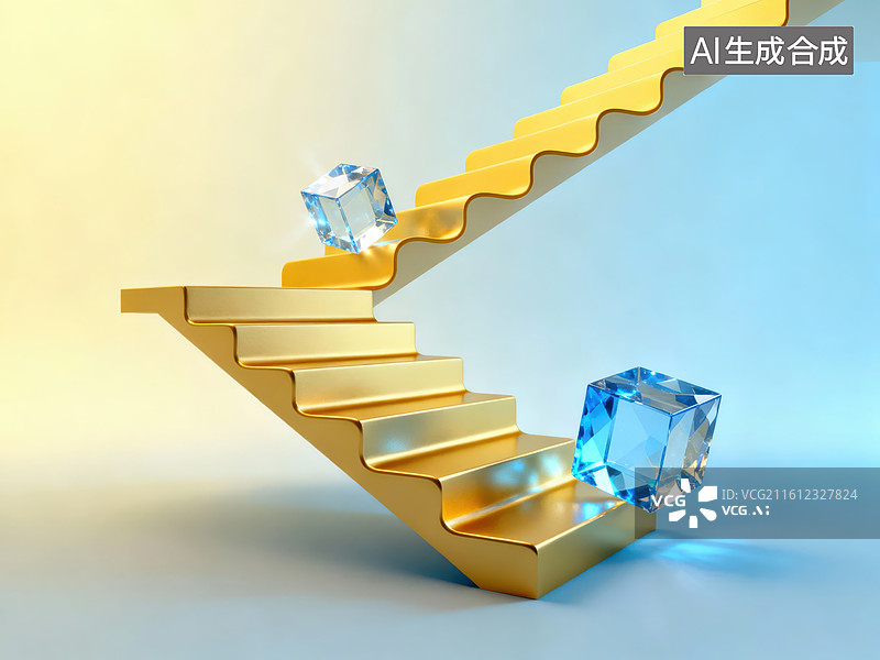 【AI数字艺术】金色阶梯上的水晶立方体图片素材