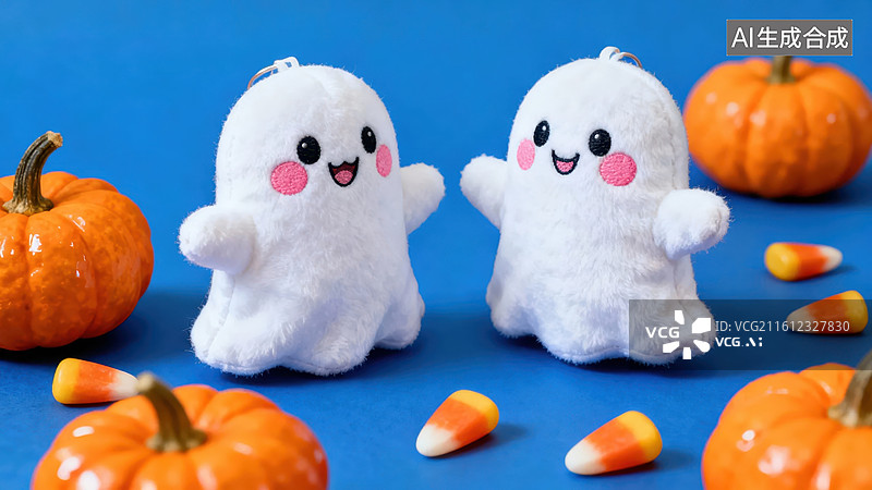 【AI数字艺术】毛绒幽灵与南瓜糖果装饰图片素材