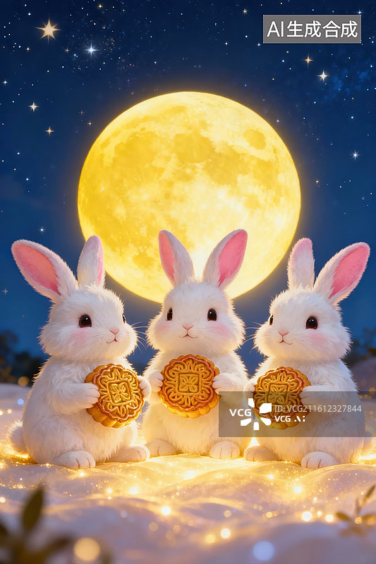 【AI数字艺术】三只兔子手持月饼赏月图片素材