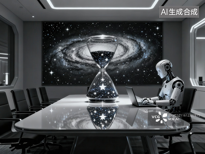 【AI数字艺术】机器人在太空主题会议室工作图片素材