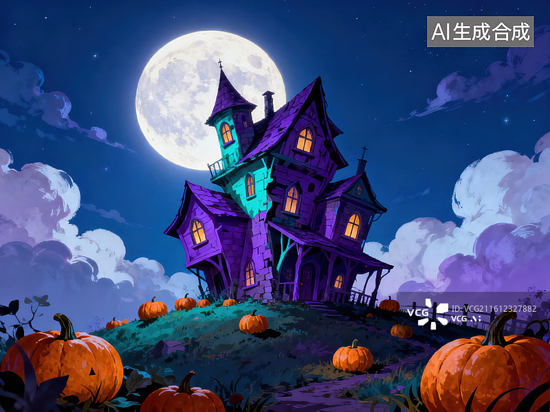 【AI数字艺术】月夜下的紫色鬼屋图片素材