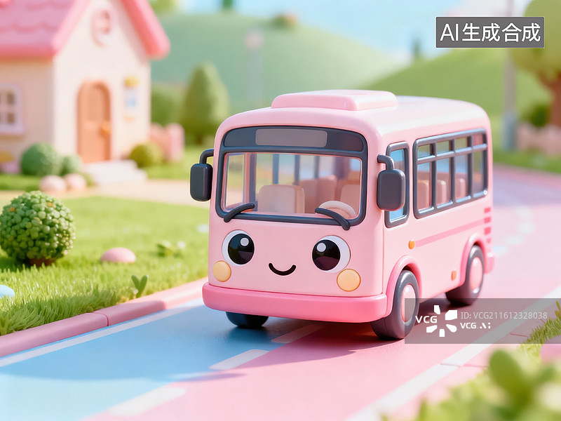 【AI数字艺术】粉色卡通巴士行驶在彩色道路上图片素材
