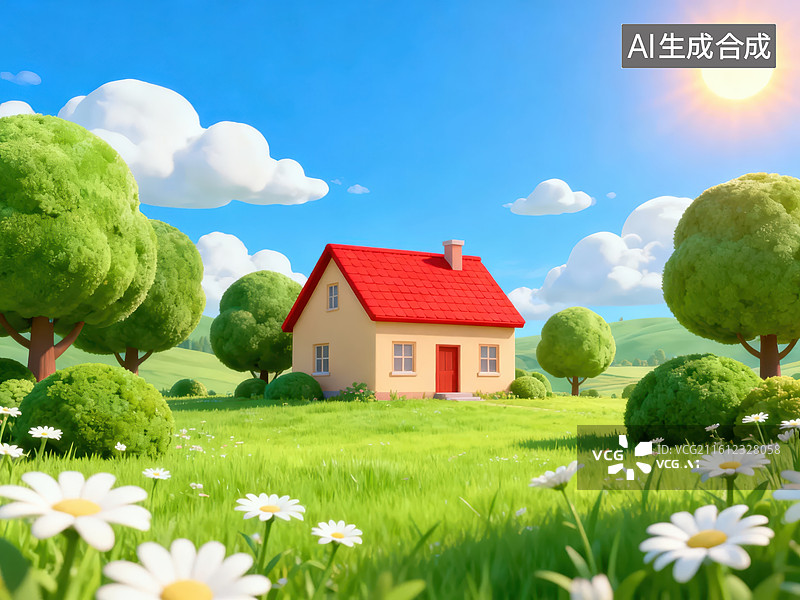 【AI数字艺术】田园小屋与花田图片素材