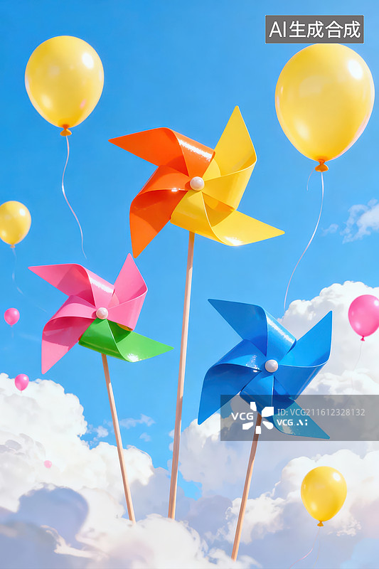 【AI数字艺术】彩色风车与气球飘浮于蓝天图片素材