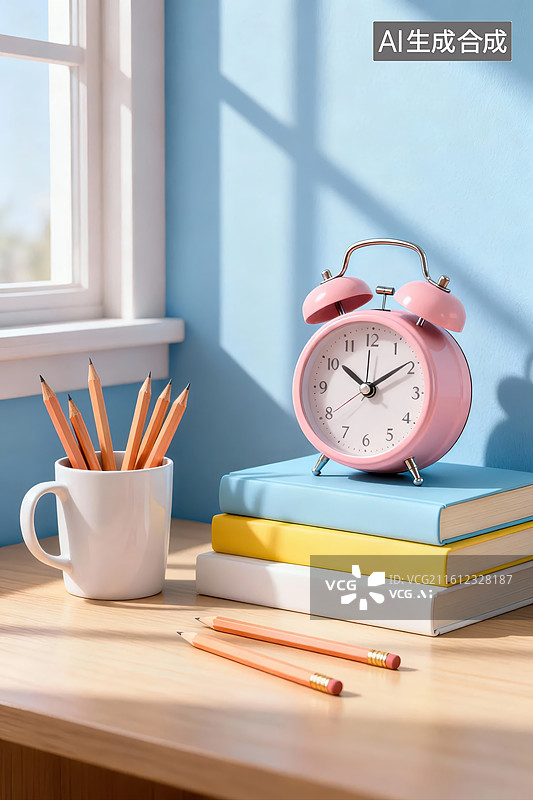 【AI数字艺术】书桌上的文具与闹钟图片素材